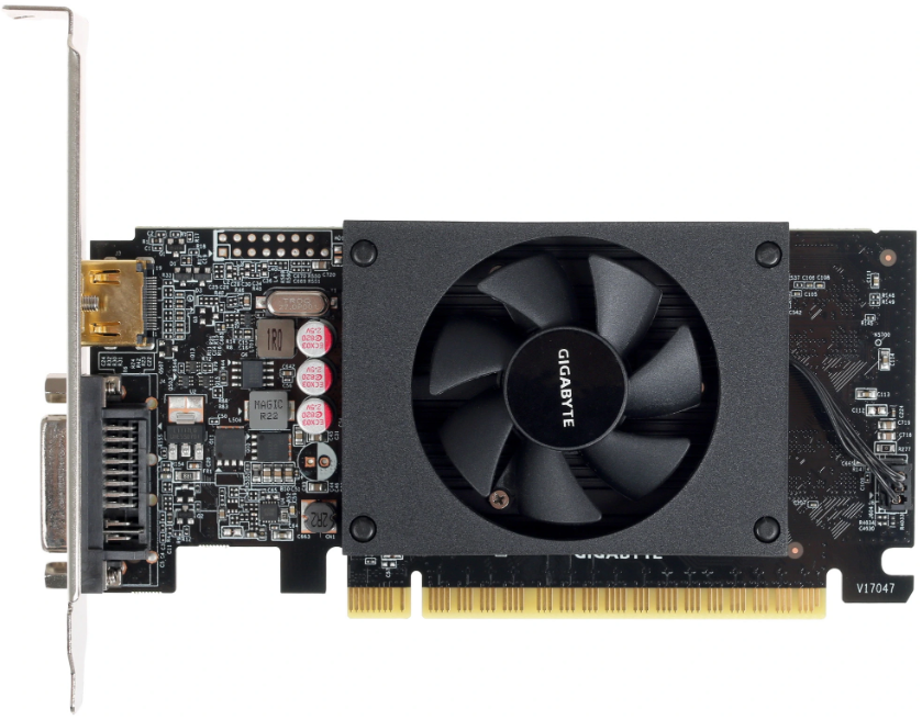 Видеокарта Gigabyte GeForce GT 710 (PCI-E 2.0, 2048 MB, GDDR3, 64 bit, Base: 954 MHz, 1600 MHz, 28nm, GK208, 192/16/8, БП от 300 Вт, активное охлаждение с 1 вентилятором, низкопрофильная (с планкой), однослотовая, длина 144 мм, DirectX 11, Open GL 4.5, D-