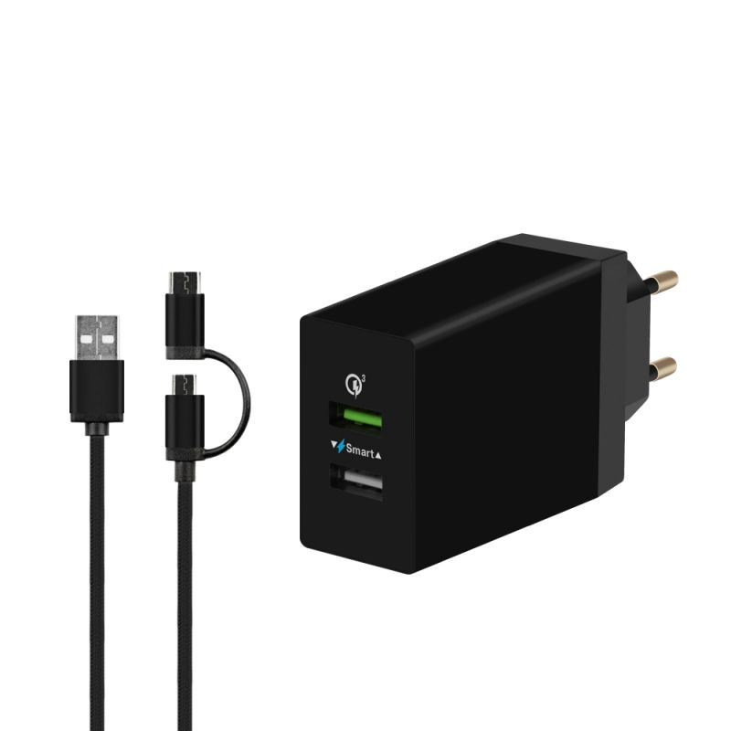 Зарядное устройство сетевое DF Tor-04 (черный, 3-1,5A, 6,5V, 2xUSB одновременная зарядка 2-х различных устройств,Smart Charge, Quick Charge 3.0, USB-к